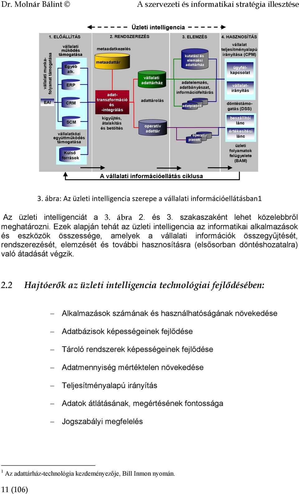 ELEMZÉS metaadatkezelés metaadattár adattranszformáció és -integrálás kigyűjtés, átalakítás és betöltés Üzleti intelligencia vállalati adattárház adattárolás operatív adattár kutatási és elemzési