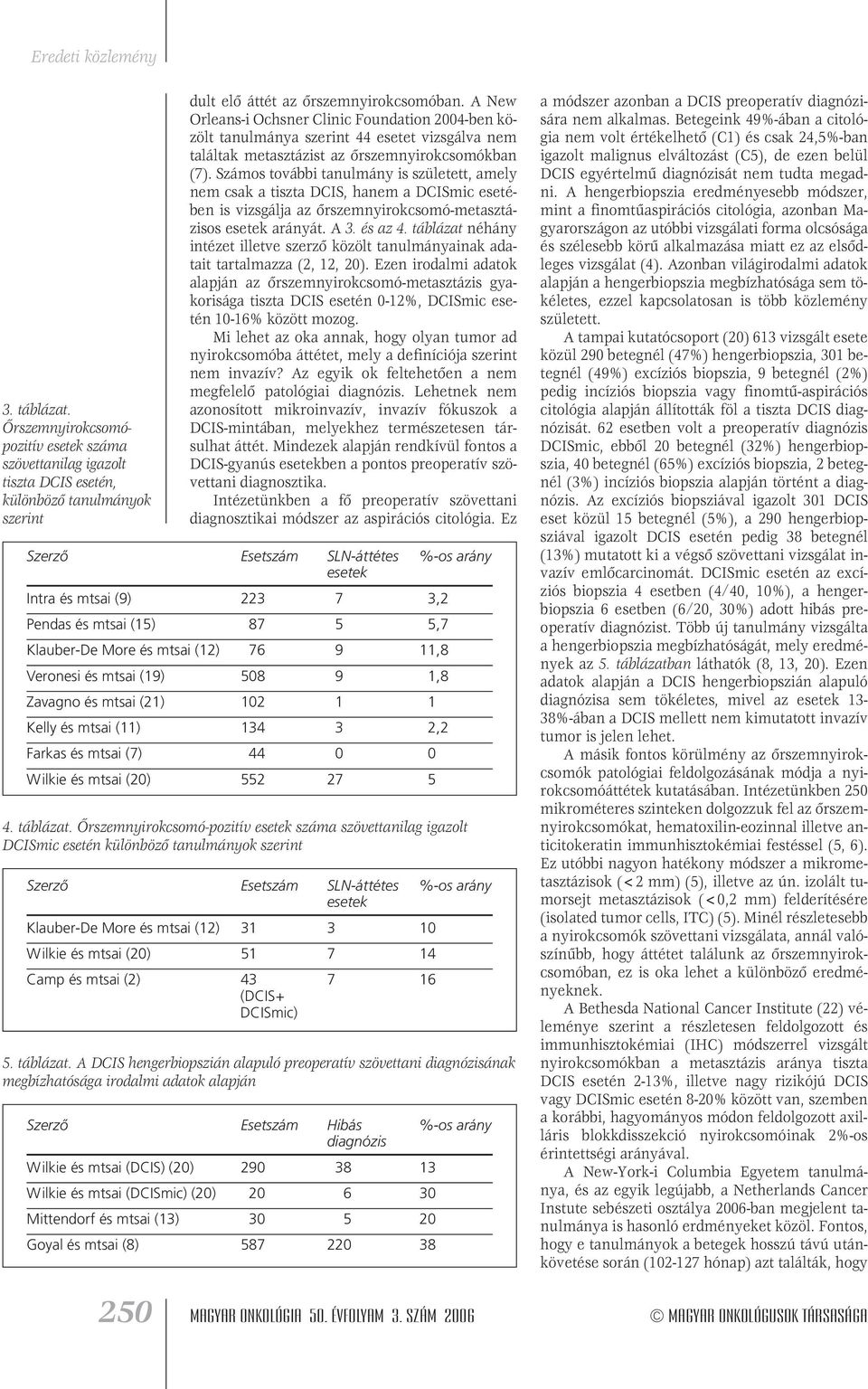 Számos további tanulmány is született, amely nem csak a tiszta DCIS, hanem a DCISmic esetében is vizsgálja az ôrszemnyirokcsomó-metasztázisos esetek arányát. A 3. és az 4.