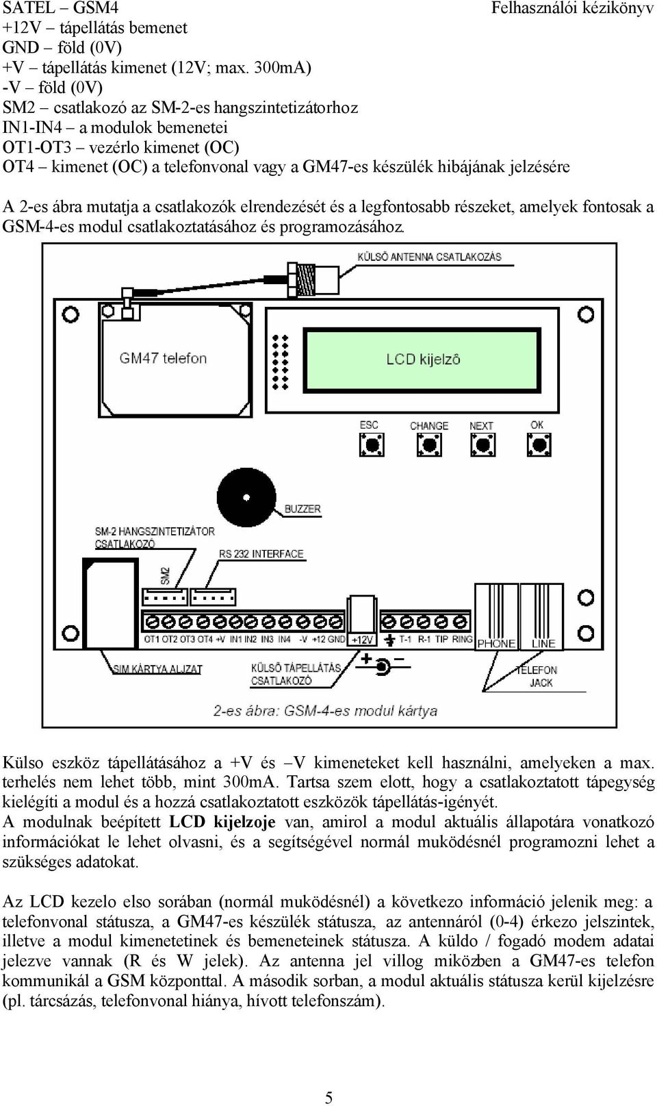 A 2-es ábra mutatja a csatlakozók elrendezését és a legfontosabb részeket, amelyek fontosak a GSM-4-es modul csatlakoztatásához és programozásához.