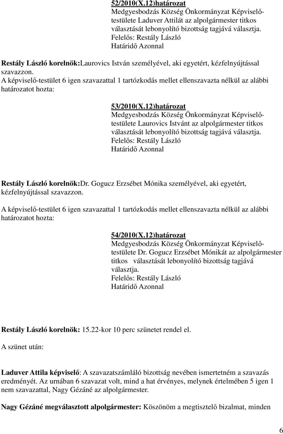 A képviselı-testület 6 igen szavazattal 1 tartózkodás mellet ellenszavazta nélkül az alábbi határozatot hozta: 53/2010(X.