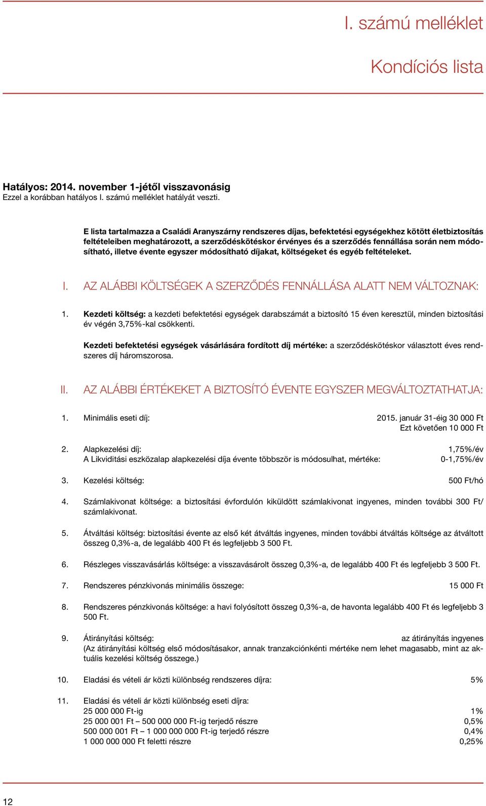 módosítható, illetve évente egyszer módosítható díjakat, költségeket és egyéb feltételeket. I. AZ ALÁBBI KÖLTSÉGEK A SZERZŐDÉS FENNÁLLÁSA ALATT NEM VÁLTOZNAK: 1.