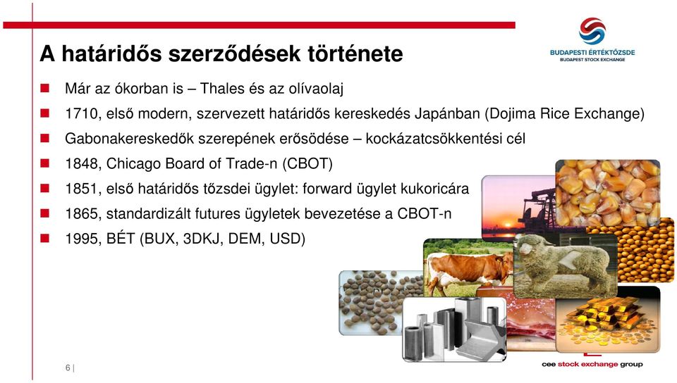 kockázatcsökkentési cél 1848, Chicago Board of Trade-n (CBOT) 1851, első határidős tőzsdei ügylet: