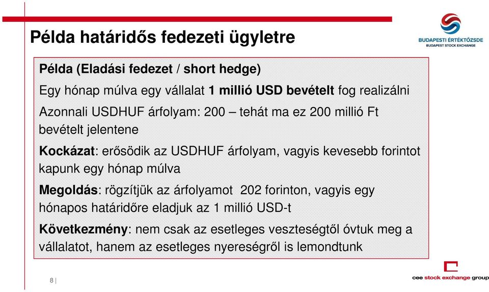 vagyis kevesebb forintot kapunk egy hónap múlva Megoldás: rögzítjük az árfolyamot 202 forinton, vagyis egy hónapos határidőre