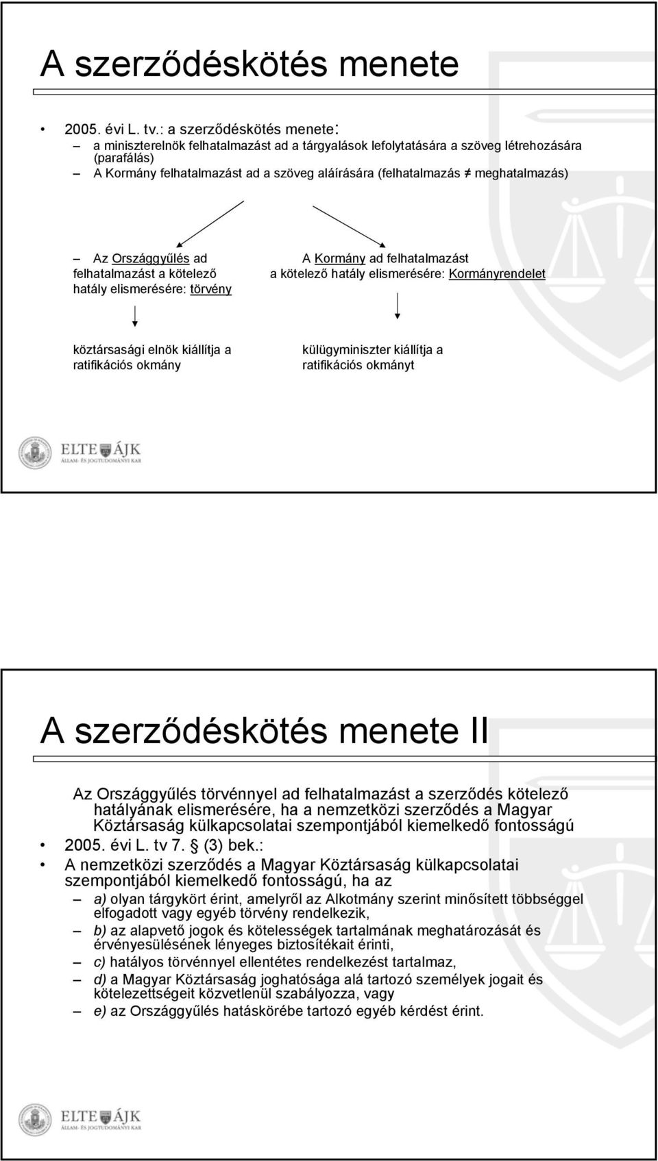 meghatalmazás) Az Országgyűlés ad A Kormány ad felhatalmazást felhatalmazást a kötelező a kötelező hatály elismerésére: Kormányrendelet hatály elismerésére: törvény köztársasági elnök kiállítja a