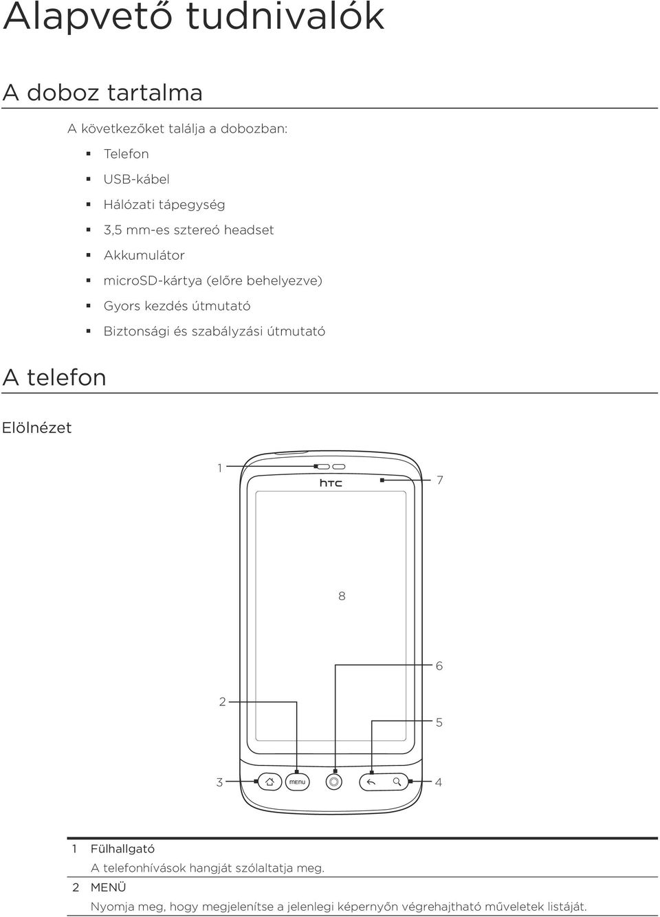 Biztonsági és szabályzási útmutató A telefon Elölnézet 1 7 8 6 2 5 3 4 1 Fülhallgató A telefonhívások