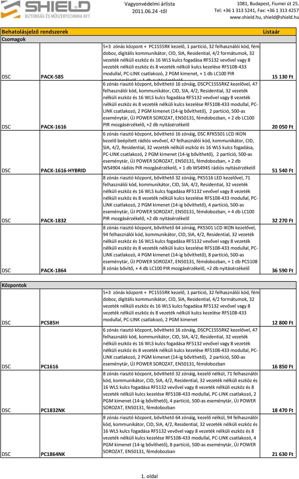 csatlakozó, 2 PGM kimenet, + 1 db LC100 PIR mozgásérzékelő, + 1 db nyitásérzékelő 6 zónás riasztó központ, bővíthetó 16 zónáig, PC1555RKZ kezelővel, 47 felhasználói kód, kommunikátor, CID, SIA, 4/2,