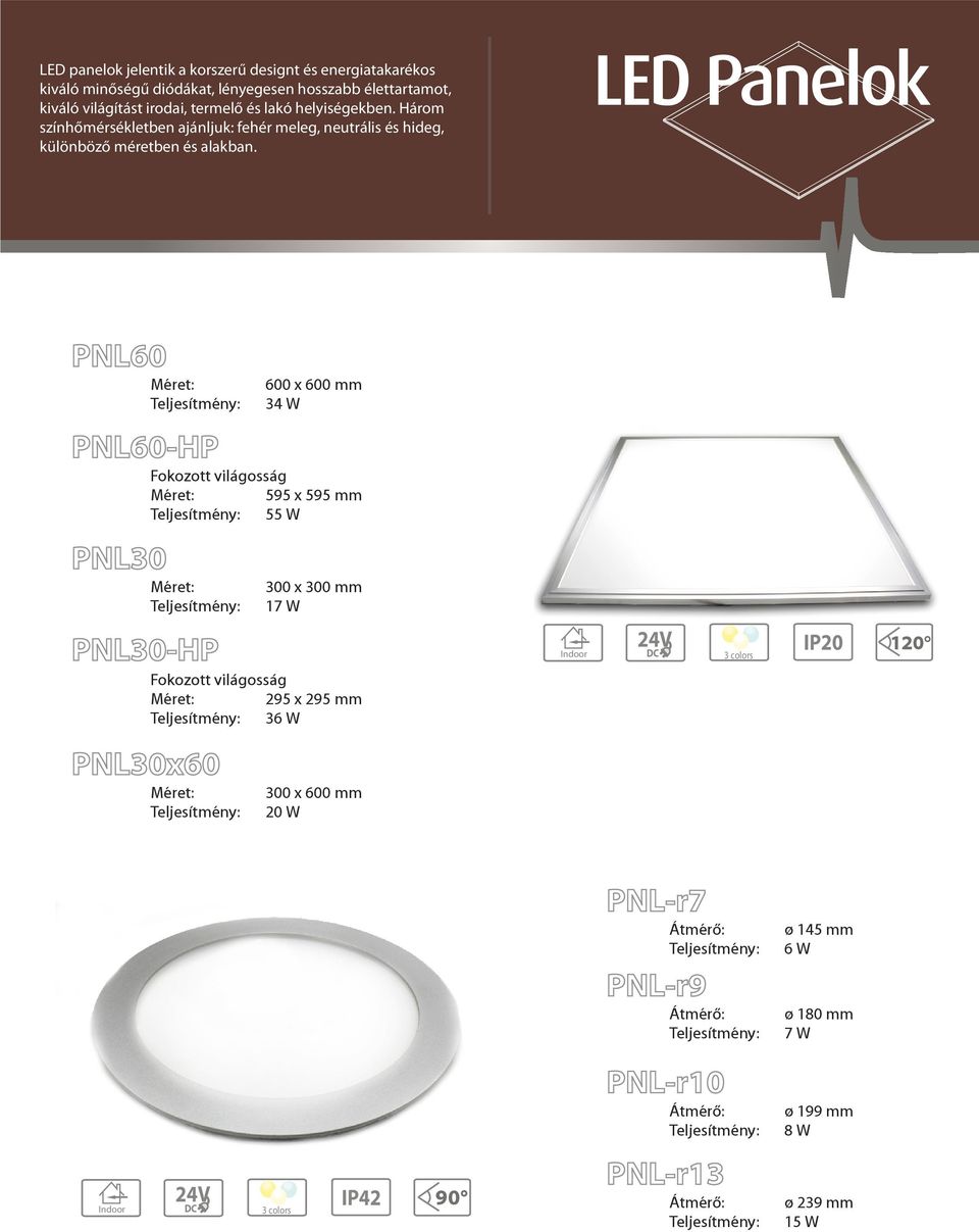 LED Panelok PNL60 Méret: 600 x 600 mm 34 W PNL60-HP Fokozott világosság Méret: 595 x 595 mm 55 W PNL30 Méret: 300 x 300 mm 17 W PNL30-HP Fokozott világosság Méret: