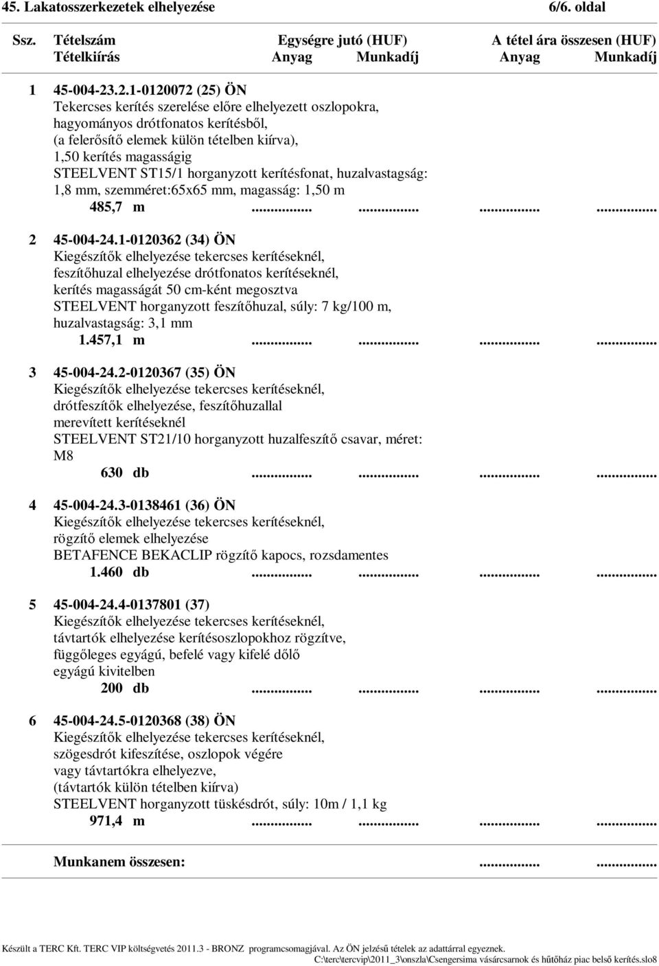 horganyzott kerítésfonat, huzalvastagság: 1,8 mm, szemméret:65x65 mm, magasság: 1,50 m 485,7 m............ 2 45-004-24.