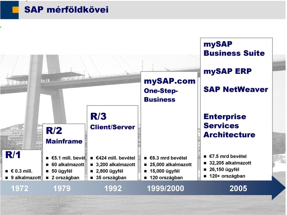 mill. bevétel 3,200 alkalmazott 2,800 ügyfél 35 országban 1992 SAP NetWeaver Enterprise Services Architecture Mainframe R/1