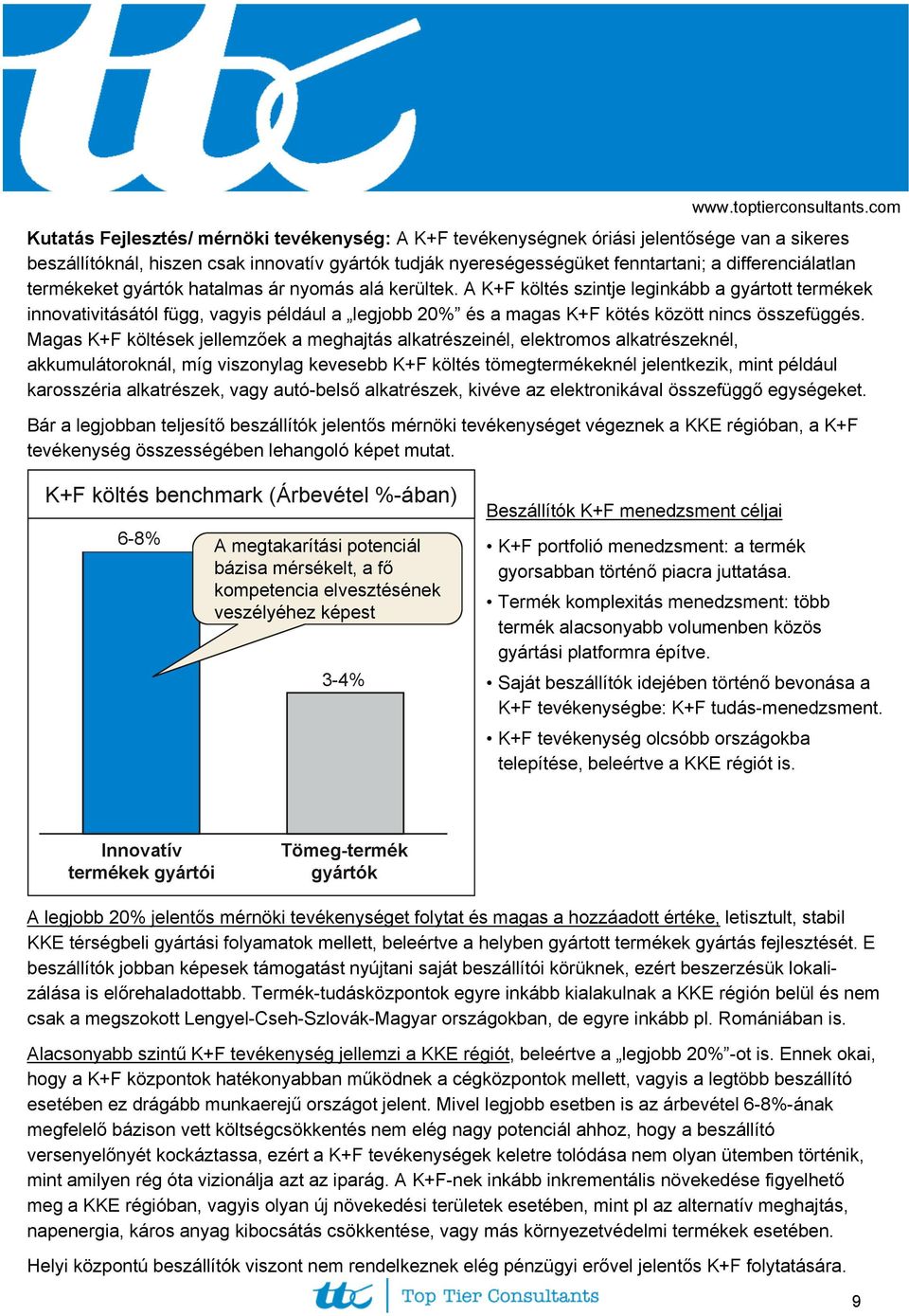Magas K+F költések jellemzőek a meghajtás alkatrészeinél, elektromos alkatrészeknél, akkumulátoroknál, míg viszonylag kevesebb K+F költés tömegtermékeknél jelentkezik, mint például karosszéria