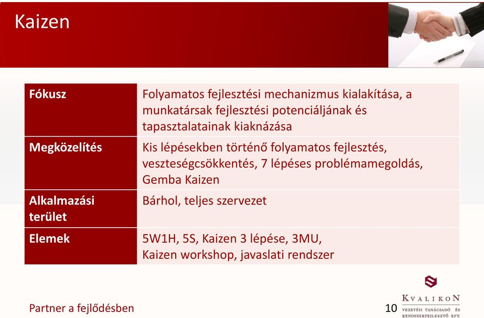 lépésekben történő folyamatos fejlesztés, veszteségcsökkentés, 7 lépéses problémamegoldás,