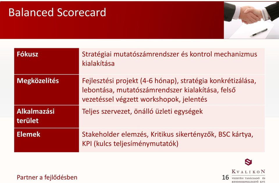 mutatószámrendszer kialakítása, felső vezetéssel végzett workshopok, jelentés Teljes szervezet, önálló