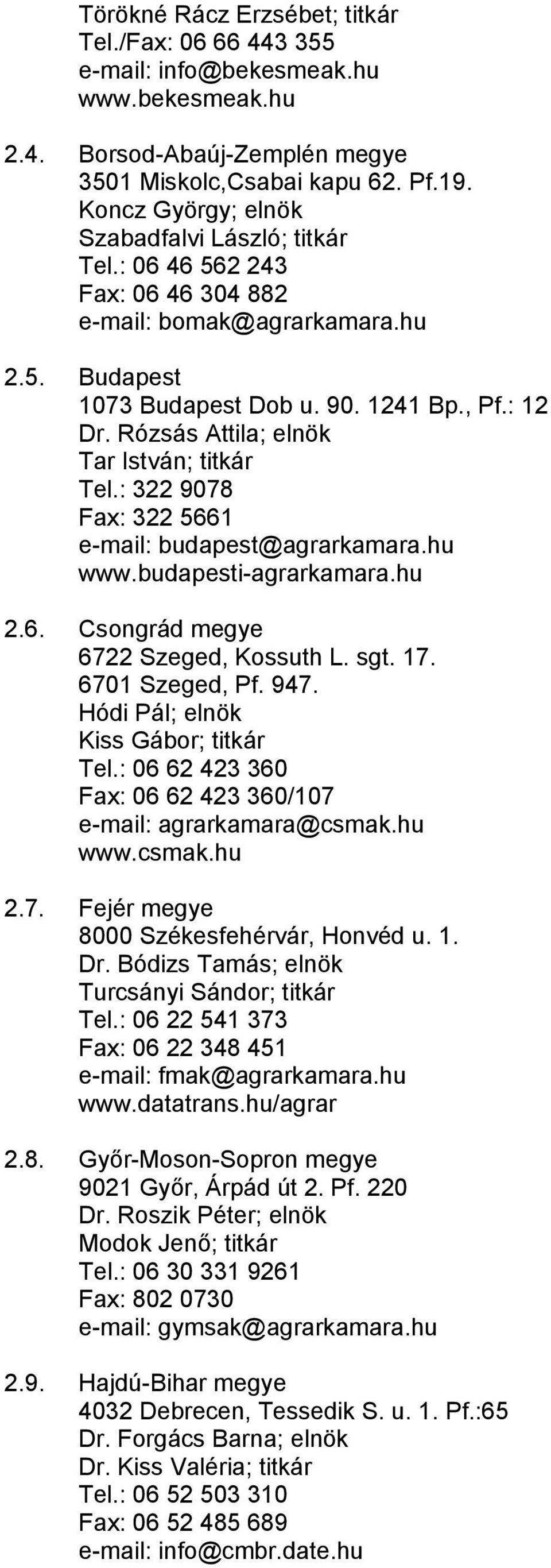 Rózsás Attila; elnök Tar István; titkár Tel.: 322 9078 Fax: 322 5661 e-mail: budapest@agrarkamara.hu www.budapesti-agrarkamara.hu 2.6. Csongrád megye 6722 Szeged, Kossuth L. sgt. 17. 6701 Szeged, Pf.