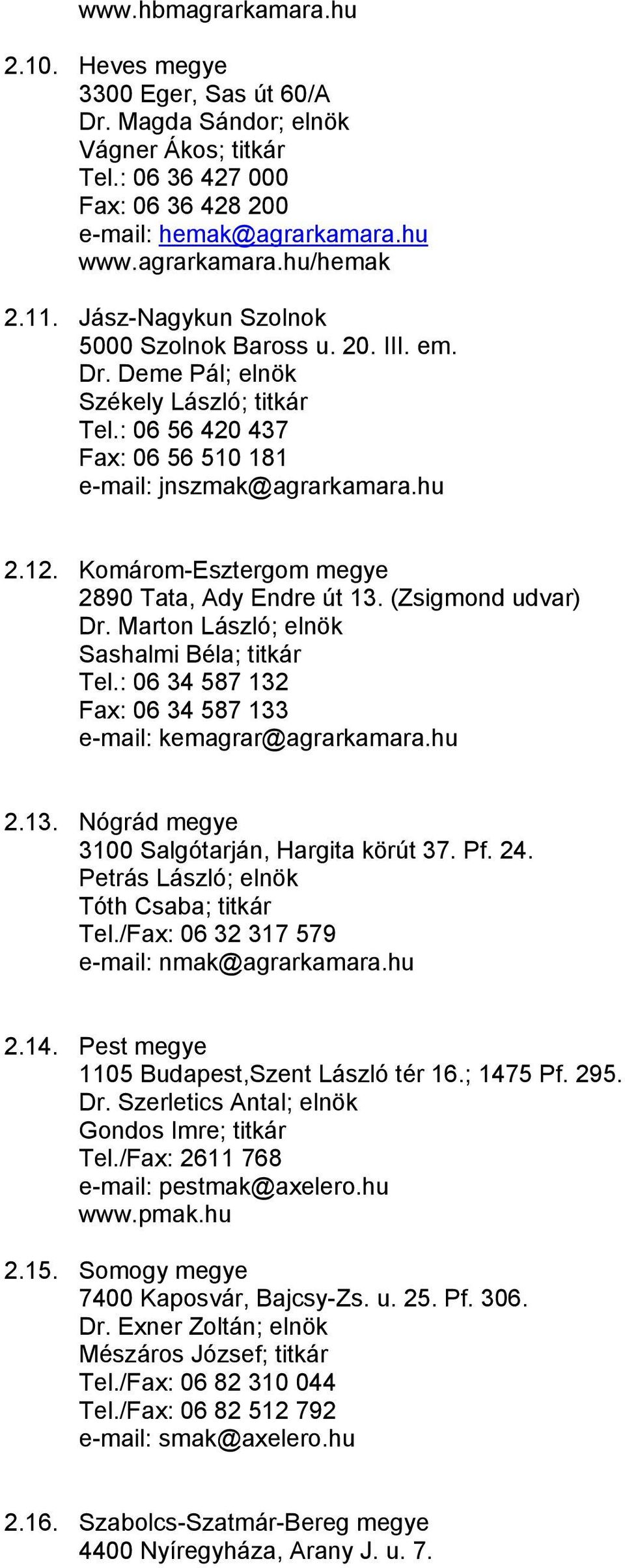 Komárom-Esztergom megye 2890 Tata, Ady Endre út 13. (Zsigmond udvar) Dr. Marton László; elnök Sashalmi Béla; titkár Tel.: 06 34 587 132 Fax: 06 34 587 133 e-mail: kemagrar@agrarkamara.hu 2.13. Nógrád megye 3100 Salgótarján, Hargita körút 37.