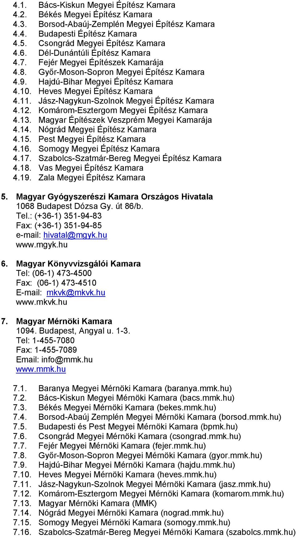 Jász-Nagykun-Szolnok Megyei Építész Kamara 4.12. Komárom-Esztergom Megyei Építész Kamara 4.13. Magyar Építészek Veszprém Megyei Kamarája 4.14. Nógrád Megyei Építész Kamara 4.15.