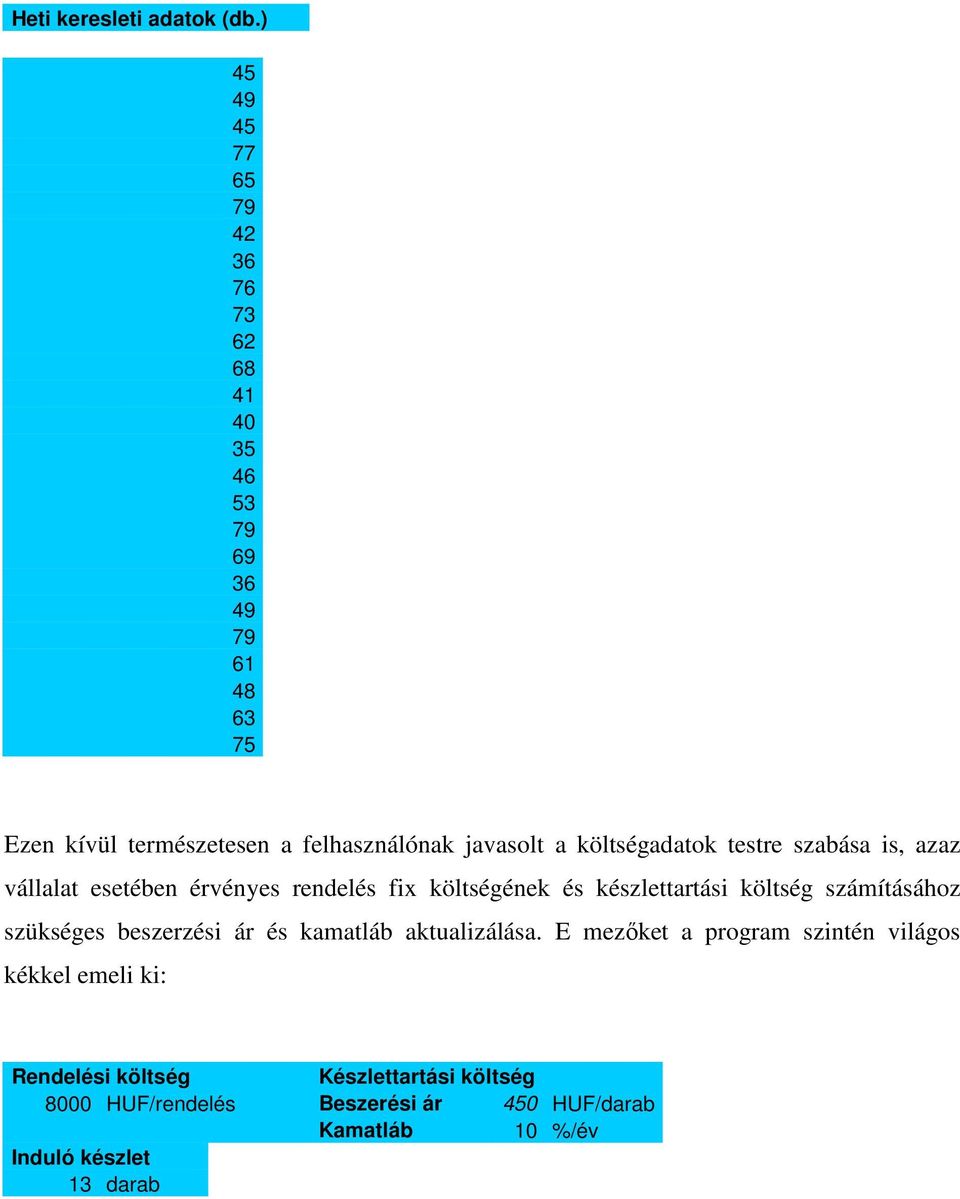 javasolt a költségadatok testre szabása is, azaz vállalat esetében érvényes rendelés fi költségének és készlettartási költség