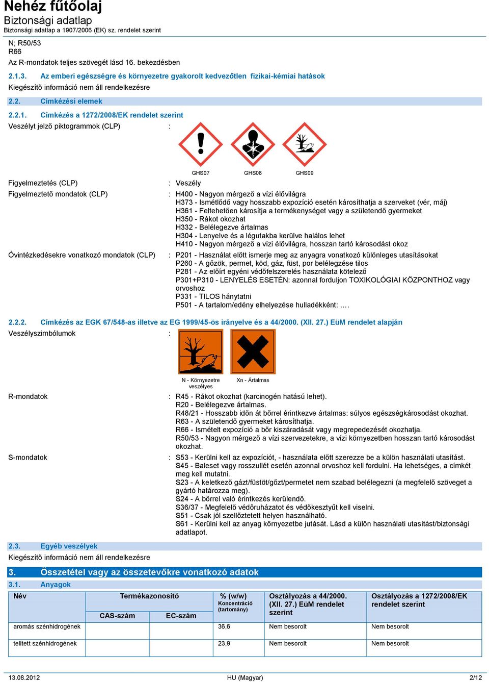 3. Az emberi egészségre és környezetre gyakorolt kedvezőtlen fizikai-kémiai hatások 2.2. Címkézési elemek 2.2.1.