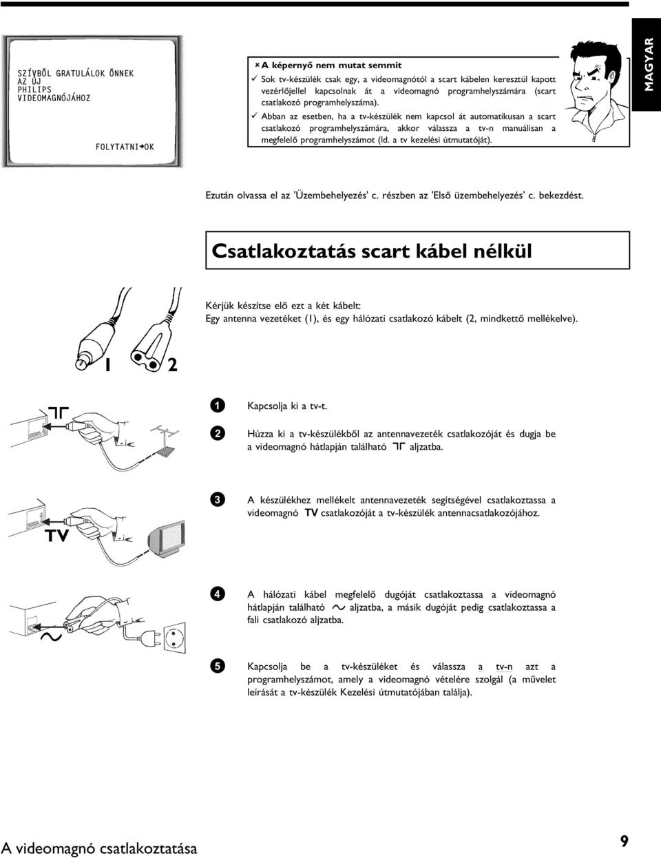 b Abban az esetben, ha a tv-készülék nem kapcsol át automatikusan a scart csatlakozó programhelyszámára, akkor válassza a tv-n manuálisan a megfelelő programhelyszámot (ld. a tv kezelési útmutatóját).