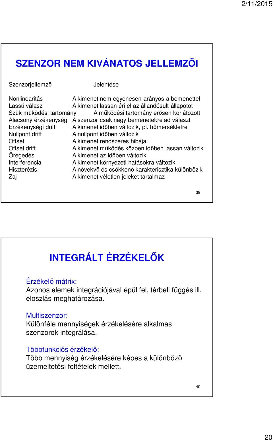 hőmérsékletre Nullpont drift A nullpont időben változik Offset A kimenet rendszeres hibája Offset drift A kimenet működés közben időben lassan változik Öregedés A kimenet az időben változik