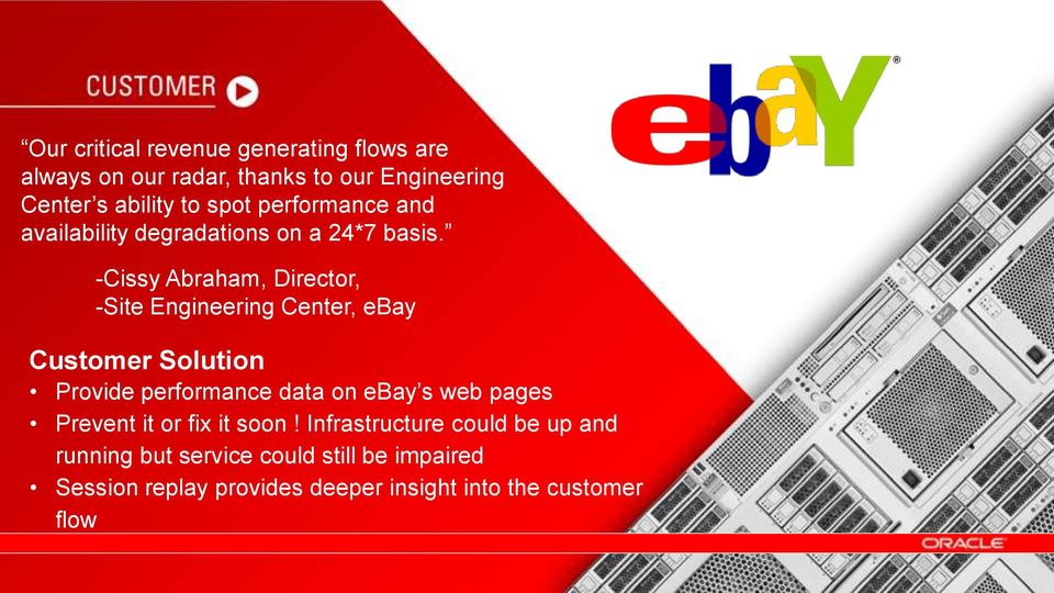 -Cissy Abraham, Director, -Site Engineering Center, ebay Customer Solution Provide performance data on ebay s web pages Prevent it or fix it soon!