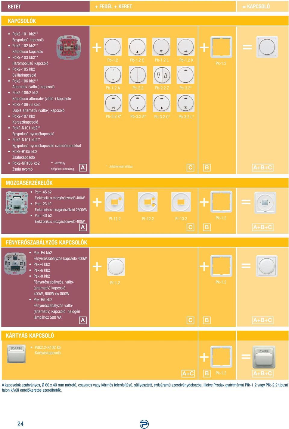 nyomókapcsoló Pdk2-N101 kb2**... Egypólusú nyomókapcsoló szimbólumokkal Pdk2-R105 kb2 Zsalukapcsoló Pdk2-NR105 kb2 Zsalu nyomó ** Jelzôfény beépítési lehetôség A Pb-1.2 * Jelzôfénnyel ellátva Pb-1.