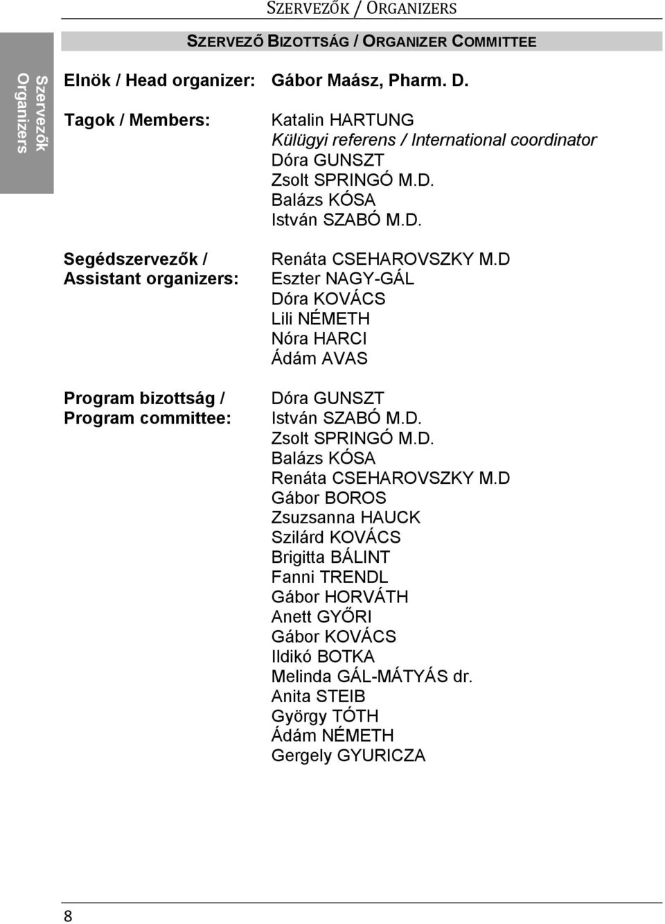 ra GUNSZT Zsolt SPRINGÓ M.D. Balázs KÓSA István SZABÓ M.D. Segédszervezők / Assistant organizers: Program bizottság / Program committee: Renáta CSEHAROVSZKY M.
