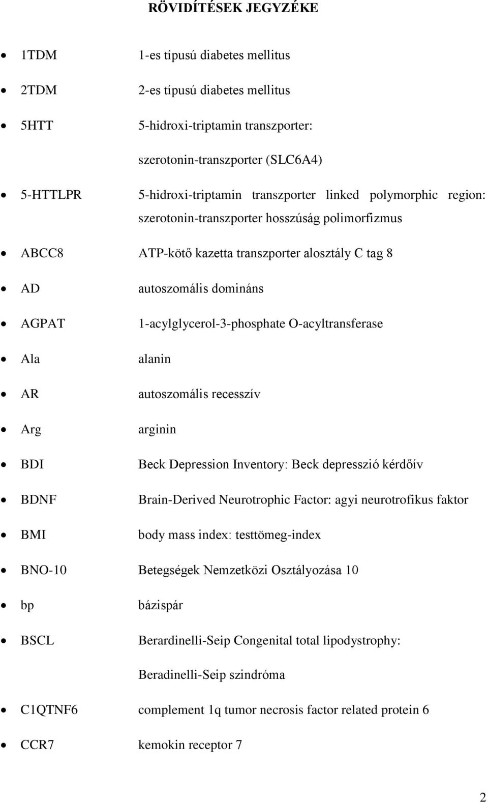 O-acyltransferase Ala alanin AR autoszomális recesszív Arg arginin BDI Beck Depression Inventory: Beck depresszió kérdőív BDNF Brain-Derived Neurotrophic Factor: agyi neurotrofikus faktor BMI body