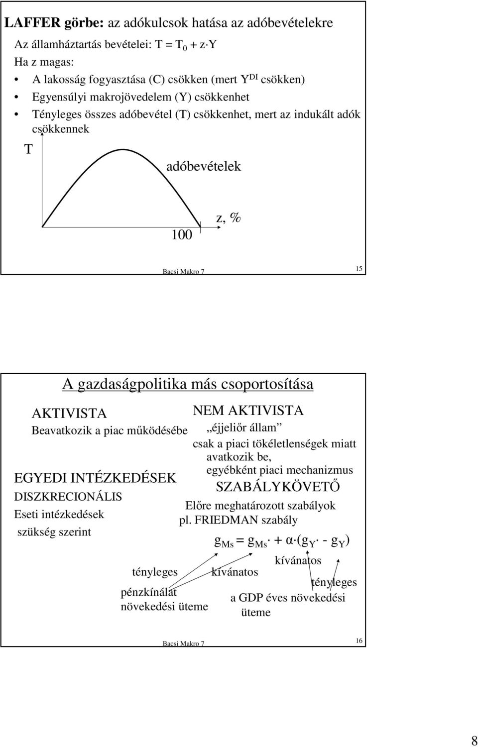 piac mőködésébe EGEDI INTÉZKEDÉSEK DISZKRECIONÁLIS Eseti intézkedések szükség szerint tényleges pénzkínálat növekedési üteme NEM AKTIVISTA éjjeliır állam csak a piaci tökéletlenségek miatt