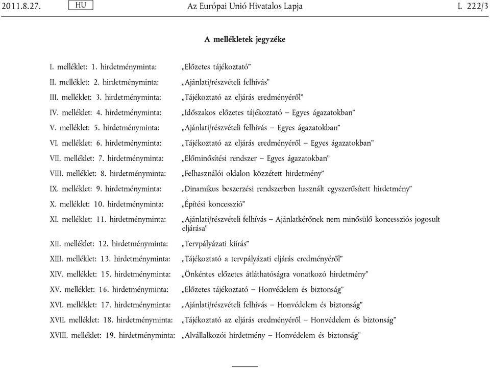 hirdetményminta: Ajánlati/részvételi felhívás Egyes ágazatokban VI. melléklet: 6. hirdetményminta: Tájékoztató az eljárás eredményéről Egyes ágazatokban VII. melléklet: 7.