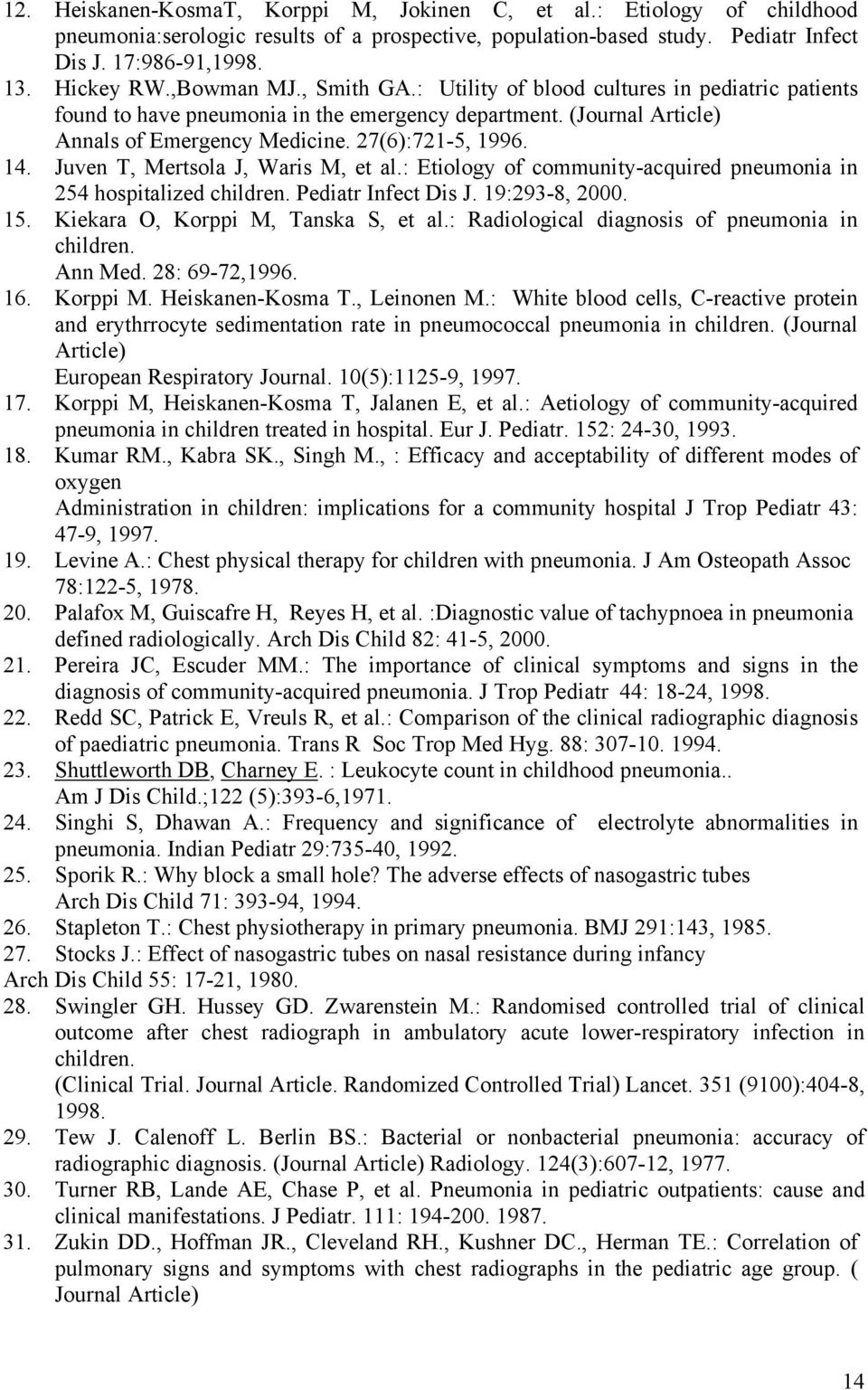 Juven T, Mertsola J, Waris M, et al.: Etiology of community-acquired pneumonia in 254 hospitalized children. Pediatr Infect Dis J. 19:293-8, 2000. 15. Kiekara O, Korppi M, Tanska S, et al.