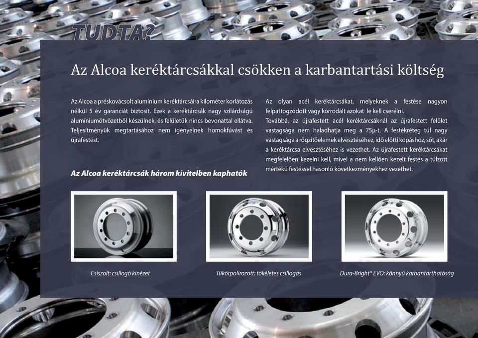 Az Alcoa keréktárcsák három kivitelben kaphatók Az olyan acél keréktárcsákat, melyeknek a festése nagyon felpattogzódott vagy korrodált azokat le kell cserélni.