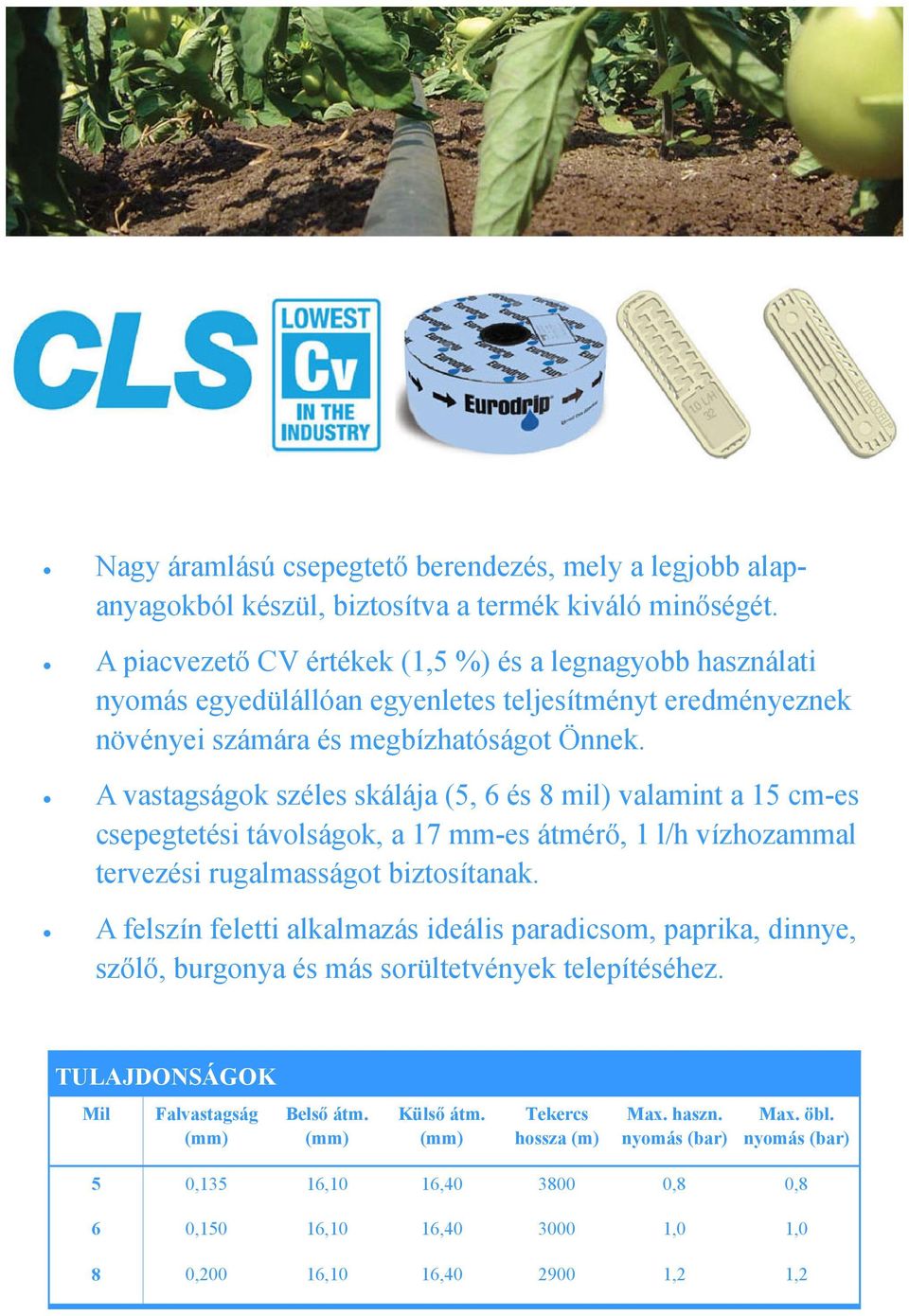A vastagságok széles skálája (5, 6 és 8 mil) valamint a 15 cm-es csepegtetési távolságok, a 17 mm-es átmérő, 1 l/h vízhozammal tervezési rugalmasságot biztosítanak.