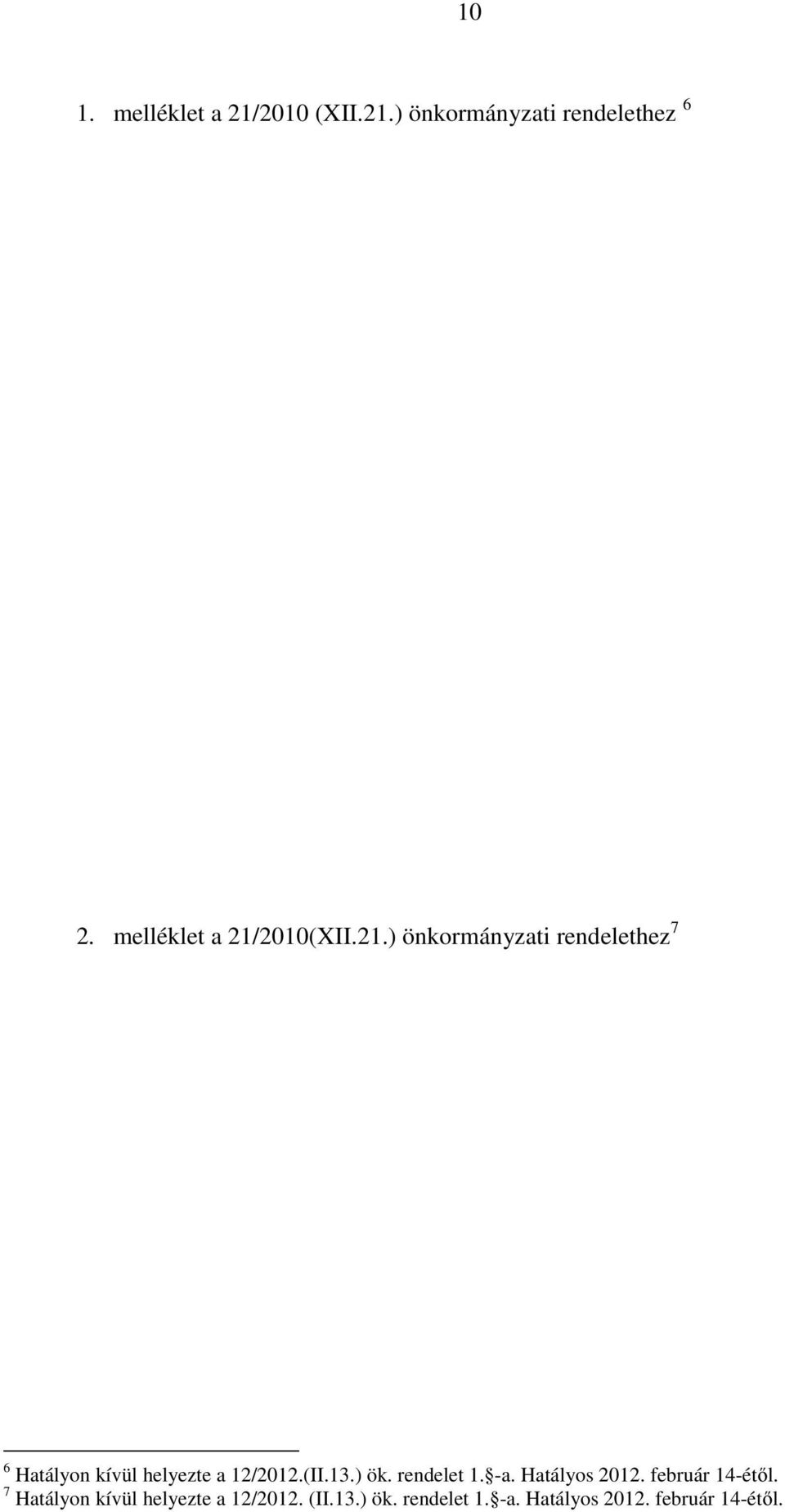 2010(XII.21.) önkormányzati rendelethez 7 6 Hatályon kívül helyezte a 12/2012.