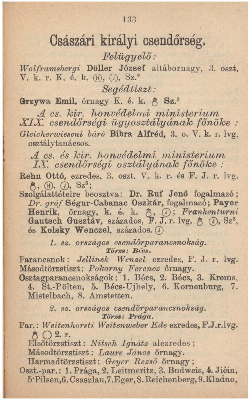 csendőrségi osztályának főnöke: Rehn Ottó, ezredes, 3. oszt. V. k. r. és F. J. 1'. lvg. ~, @, 0, Szs; Szolgálattételre beosztva: Dr. Ruf Jenő fogalmazó; Dr.