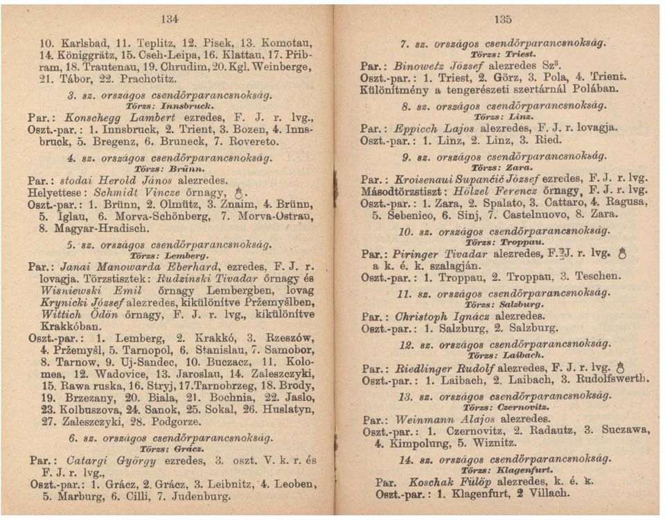 or8zágo8 c8endörpa1 a1wsnok8ág. TÖ'I'Z8: B1"'Ünn. Par.: stodai Herold János alezredes. Helyettese: Schmidt Vincze őrnagy, é. Oszt.-par.: 1. Brünn, 2. Olmütz, 3. Znaim, 4. Brünn, 5. Iglau, 6.