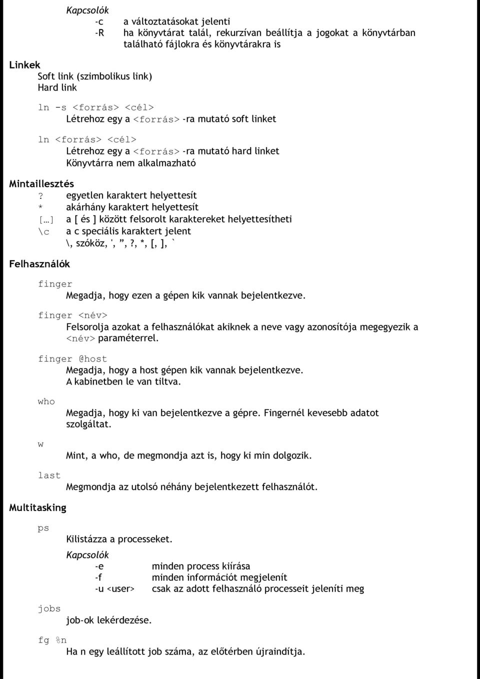 egyetlen karaktert helyettesít * akárhány karaktert helyettesít [ ] a [ és ] között felsorolt karaktereket helyettesítheti \c a c speciális karaktert jelent \, szóköz, ',,?