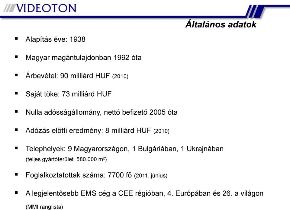 (2010) Telephelyek: 9 Magyarországon, 1 Bulgáriában, 1 Ukrajnában (teljes gyártóterület 580.