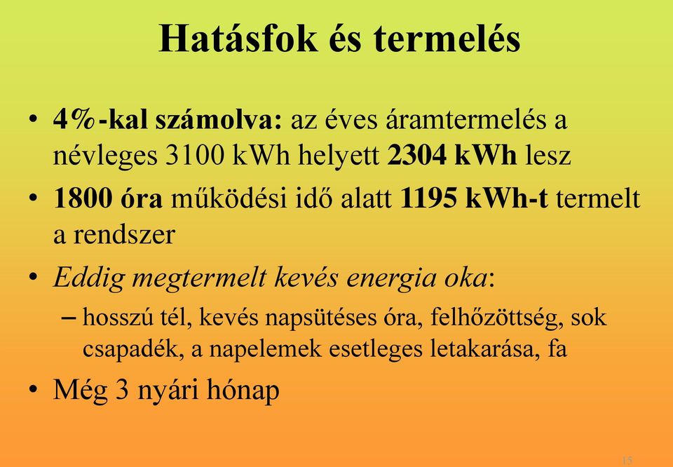 rendszer Eddig megtermelt kevés energia oka: hosszú tél, kevés napsütéses óra,