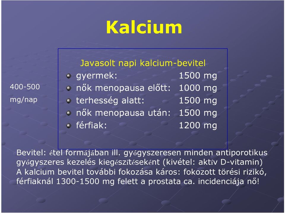 gyógyszeresen minden antiporotikus gyógyszeres kezelés kiegészítéseként (kivétel: aktív D-vitamin) A