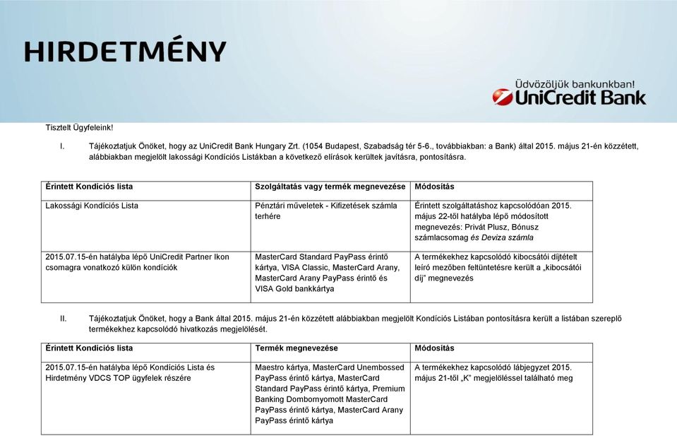 Érintett Kondíciós lista Szolgáltatás vagy termék megnevezése Módosítás Lakossági Kondíciós Lista 2015.07.