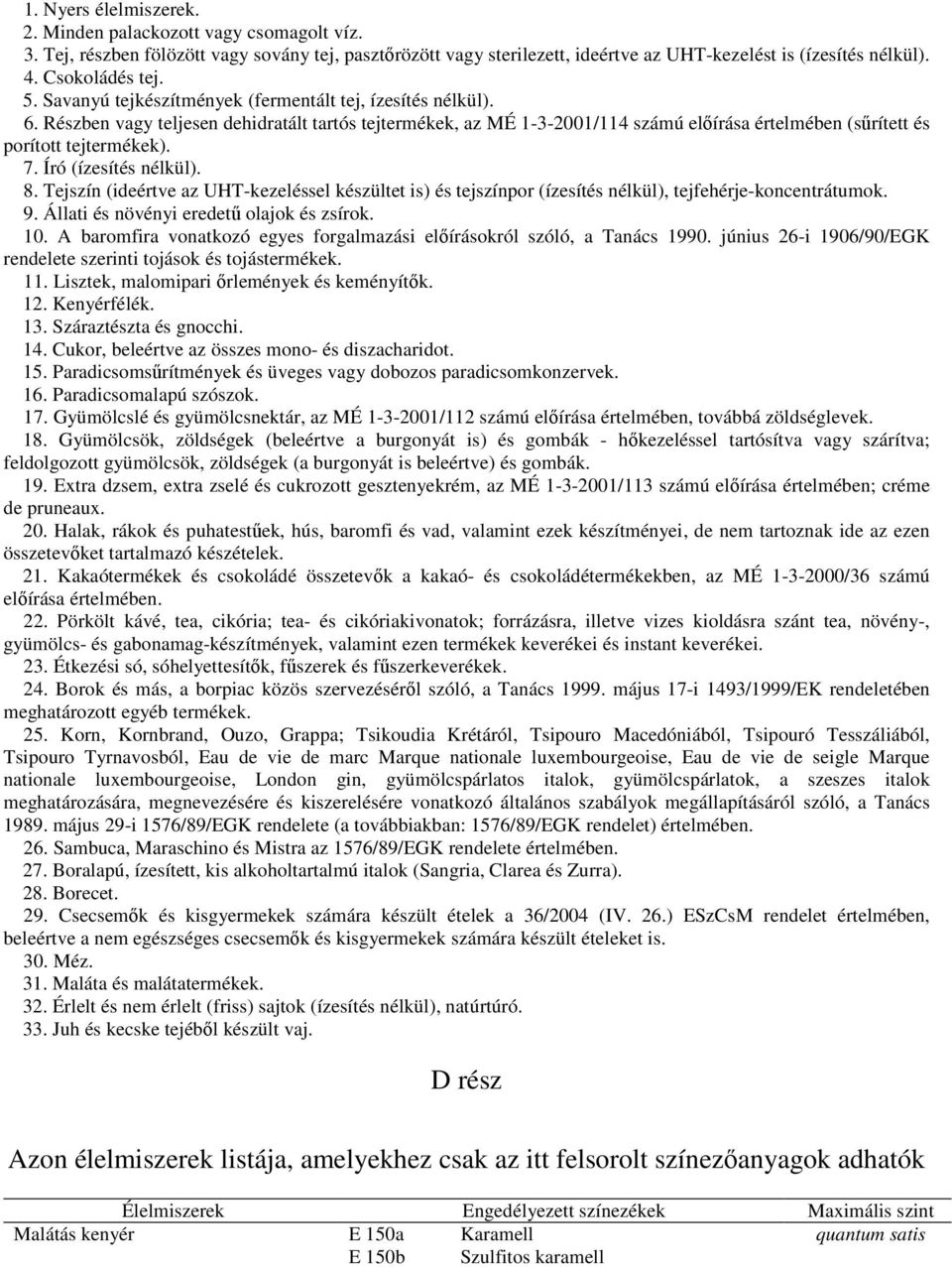 Részben vagy teljesen dehidratált tartós tejtermékek, az MÉ 1-3-2001/114 számú elıírása értelmében (sőrített és porított tejtermékek). 7. Író (ízesítés nélkül). 8.