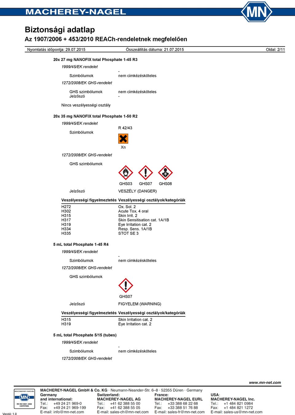 osztályok/kategóriák H272 Ox. Sol. 2 H302 Acute Tox. 4 oral H315 Skin Irrit. 2 H317 Skin Sensi