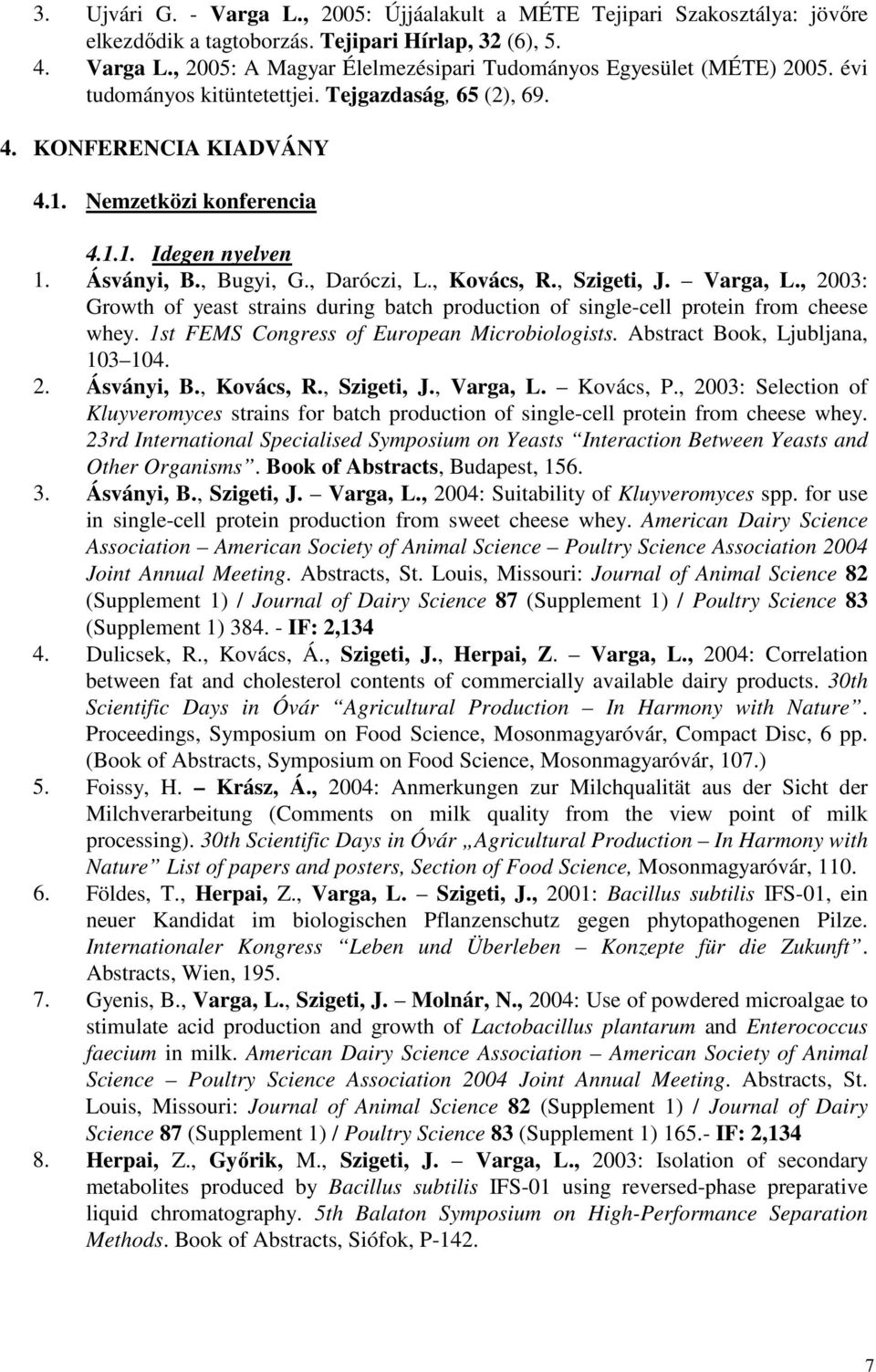 Varga, L., 2003: Growth of yeast strains during batch production of single-cell protein from cheese whey. 1st FEMS Congress of European Microbiologists. Abstract Book, Ljubljana, 103 104. 2. Ásványi, B.