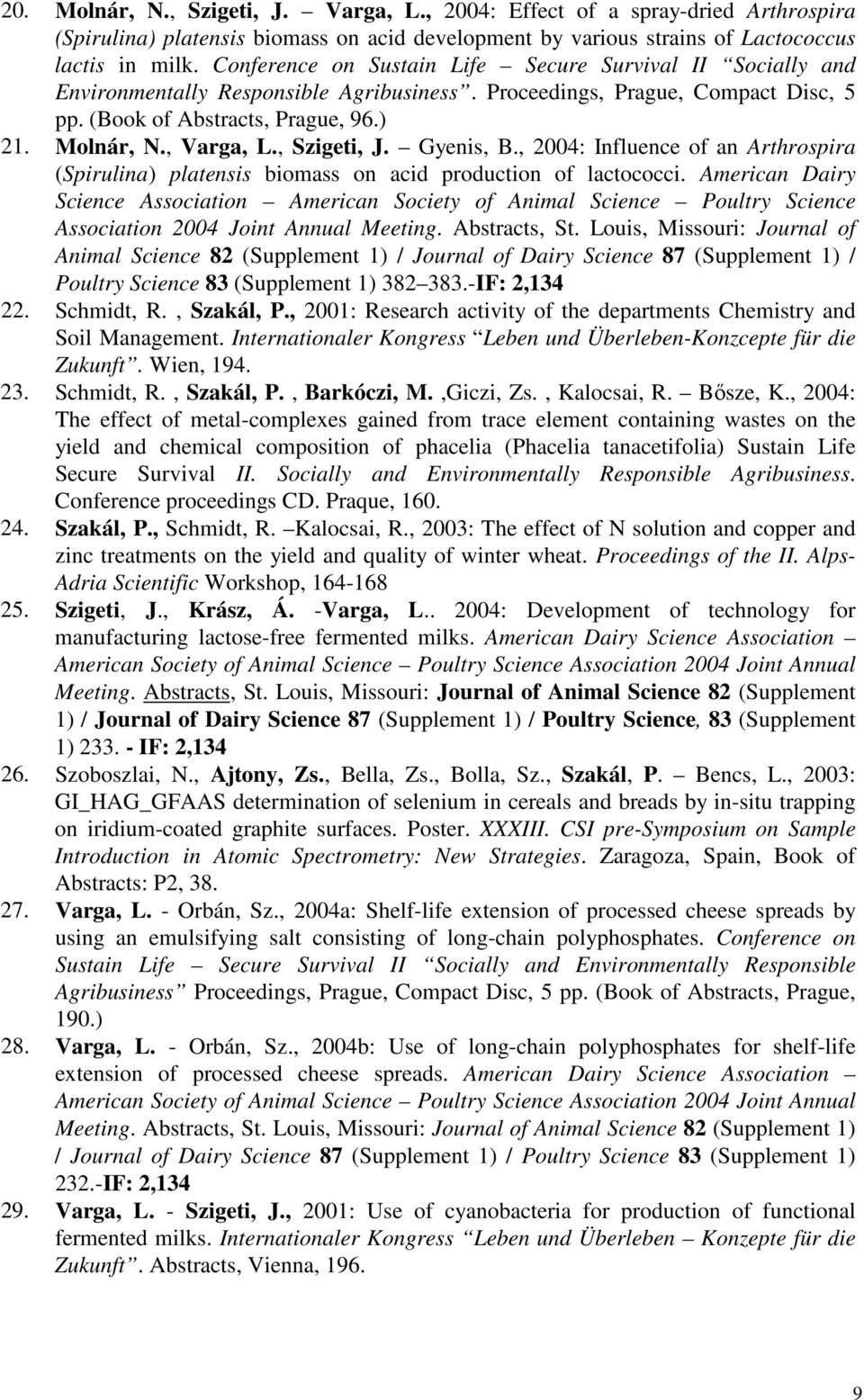 , Szigeti, J. Gyenis, B., 2004: Influence of an Arthrospira (Spirulina) platensis biomass on acid production of lactococci.