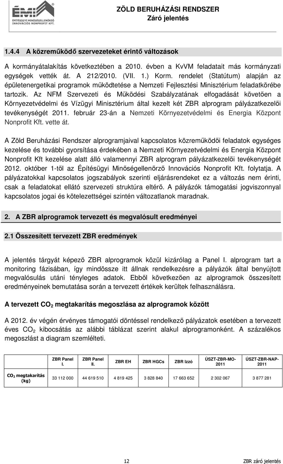 Az NFM Szervezeti és Működési Szabályzatának elfogadását követően a Környezetvédelmi és Vízügyi Minisztérium által kezelt két ZBR alprogram pályázatkezelői tevékenységét 2011.