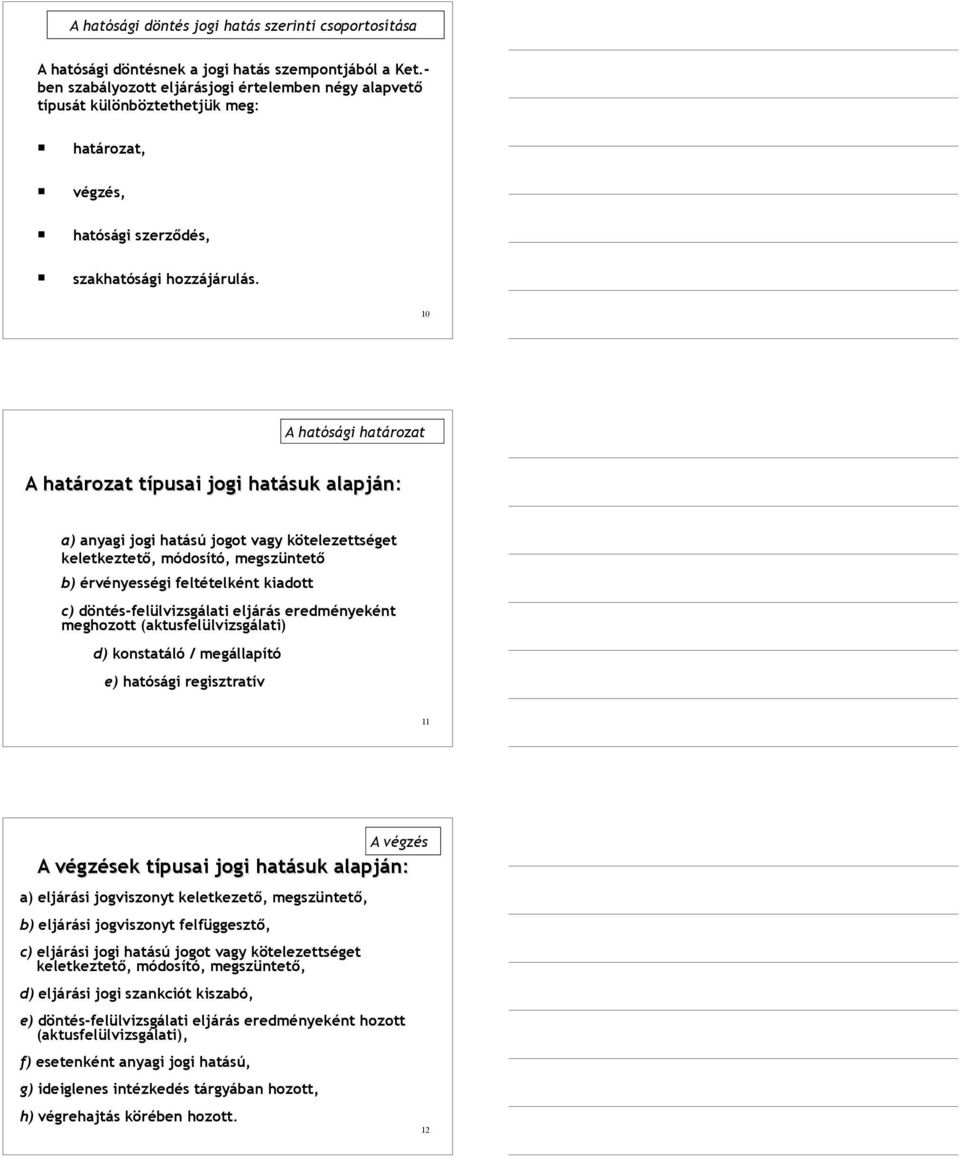 10 A hatósági határozat A határozat típusai jogi hatásuk alapján: a) anyagi jogi hatású jogot vagy kötelezettséget keletkeztető, módosító, megszüntető b) érvényességi feltételként kiadott c)