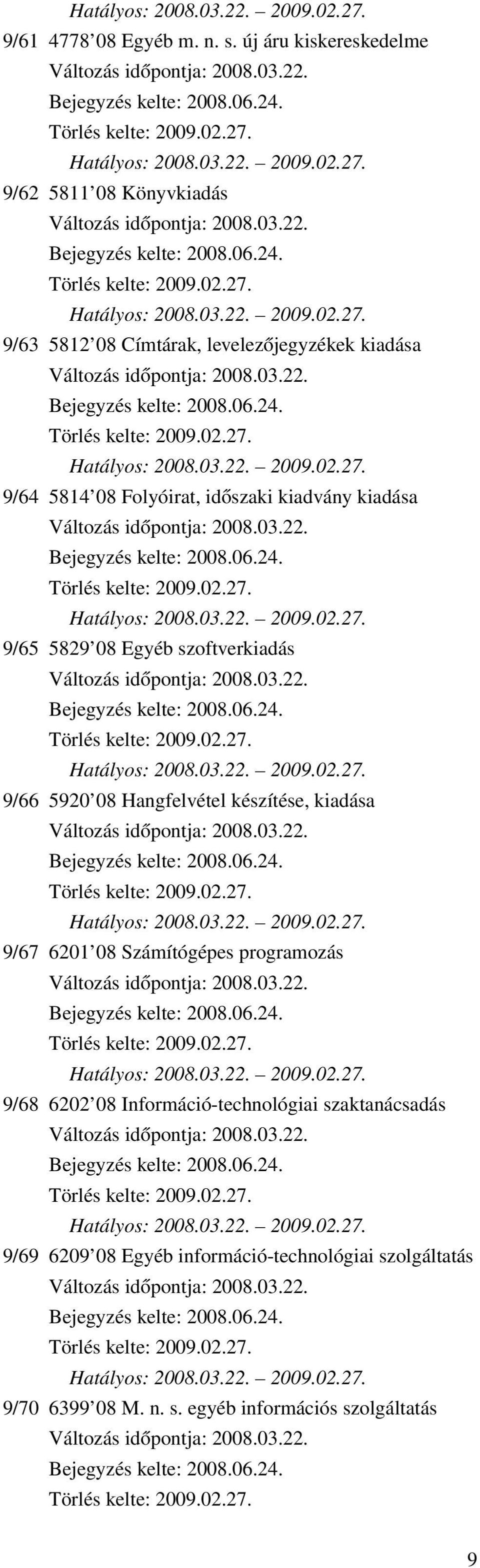 Folyóirat, időszaki kiadvány kiadása 9/65 5829 08 Egyéb szoftverkiadás 9/66 5920 08 Hangfelvétel készítése,