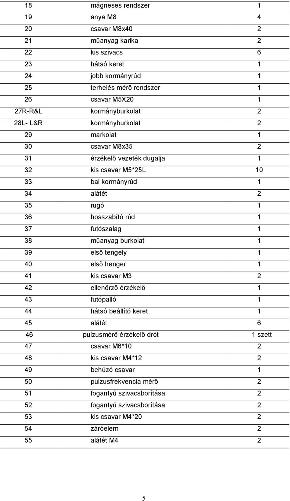 műanyag burkolat 39 első tengely 40 első henger 4 kis csavar M3 4 ellenőrző érzékelő 43 futópalló 44 hátsó beállító keret 45 alátét 6 46 pulzusmérő érzékelő drót szett 47