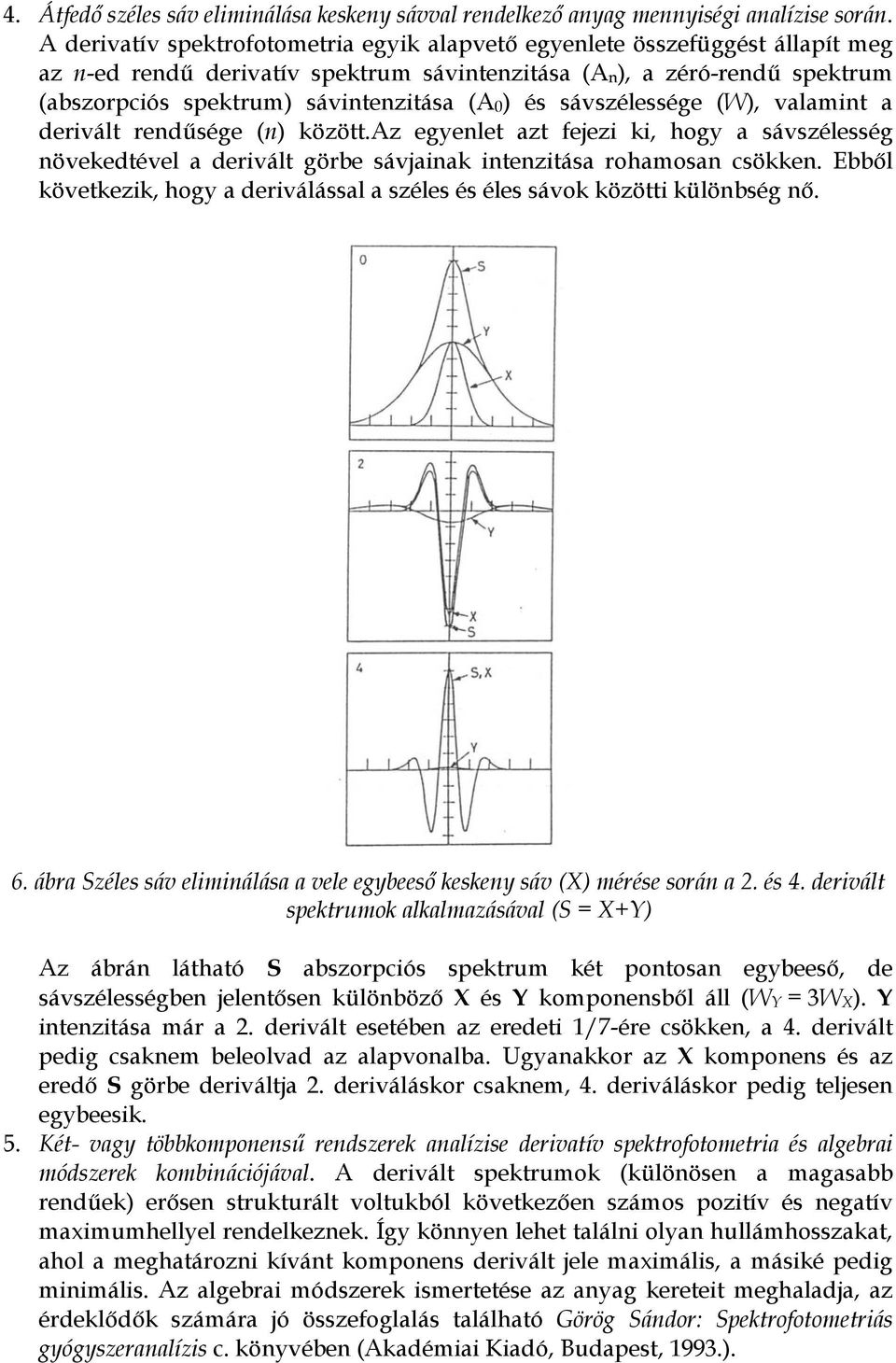 ) és sávszélessége (W), valamint a derivált rendűsége (n) között.az egyenlet azt fejezi ki, hogy a sávszélesség növekedtével a derivált görbe sávjainak intenzitása rohamosan csökken.