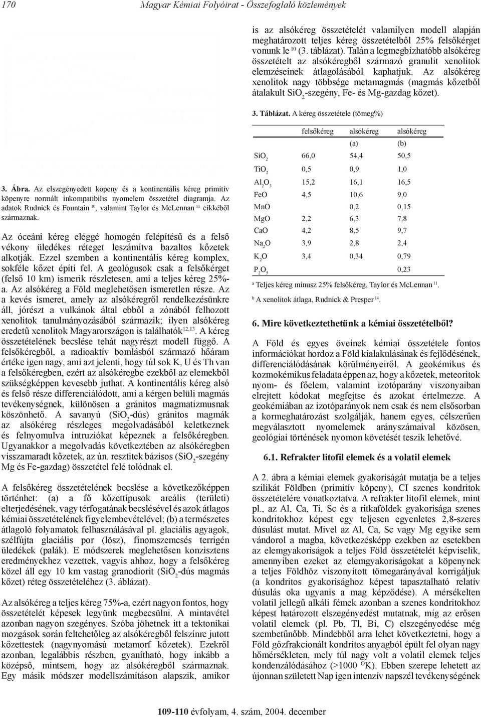 Az alsókéreg xenolitok nagy többsége metamagmás (magmás kőzetből átalakult SiO 2 -szegény, Fe- és Mg-gazdag kőzet). 3. Táblázat. A kéreg összetétele (tömeg%) 3. Ábra.